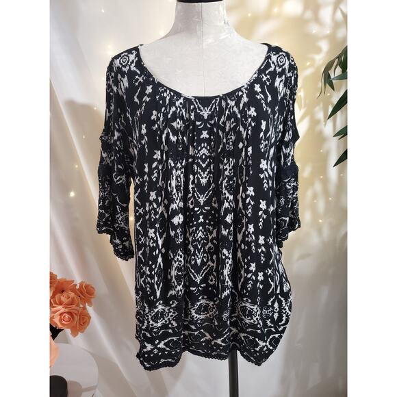Bila Boho Ikat Cold Shoulder Lace Trim Scoop Neck 1/2 Sleeve Blouse Top Size L - Picture 1 of 10
